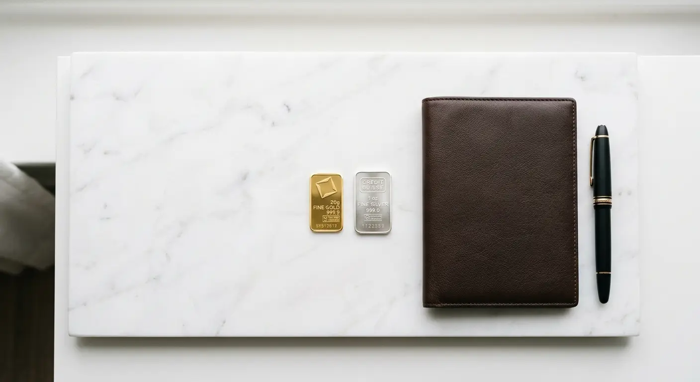 Gold and silver bars on marble surface